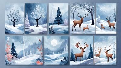 The primary subject of the image is a set of six paintings featuring deer in a snowy environment. The setting includes a snow-covered landscape with trees and a mountain in the background. The visual style is a combination of digital art and illustration, creating a cohesive and visually appealing collection. The colors and mood of the paintings are predominantly cold and serene, reflecting the wintry atmosphere of the scene.